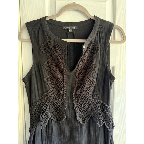 Gypsy 05 Global Village Black Cotton Boho V Neck Sleeveless Dress size Small - Picture 4 of 7